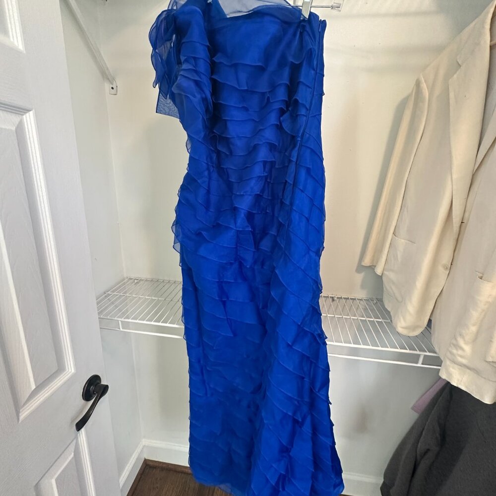 Carmen Marc Valvo Formal Blue Dress Gown Ruffles One Strap, Great Condition XL